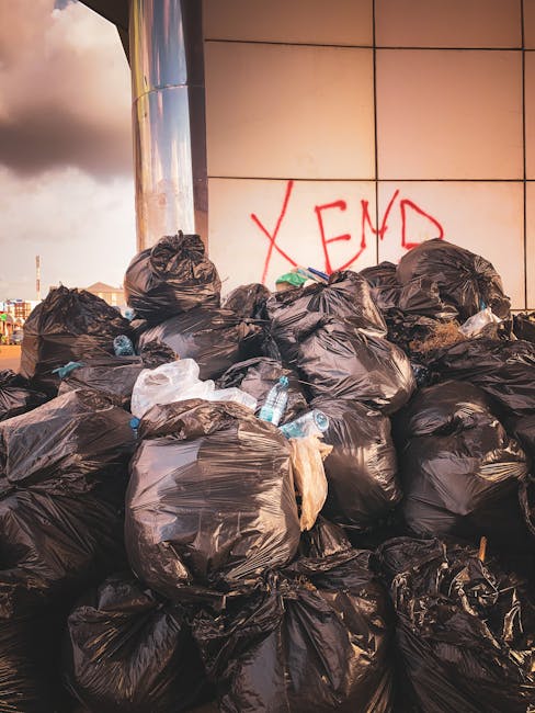 Three large blue rubbish bags filled with waste are lined up next to the rear of a white delivery van parked on a street, with the back doors closed and a small section of the vehicle's tail light visible. The bags are made of plastic with a crinkled texture and are positioned on the pavement, which shows minor scuff marks. Behind the van, there is a modern storefront with large glass windows and doors, surrounded by a dark frame, and a white rectangular object—possibly a piece of bedding, panel, or shelving—leans against the building wall on the right. The environment appears to be an urban area, likely near a commercial or residential premises, with the scene suggesting an instance of private rubbish disposal or clearance, possibly coordinated through a waste removal service such as House Clearances South Kensington, as indicated by the context. Lighting is natural, with soft shadows cast on the pavement, illustrating a clear day suited for outdoor waste collection activities.
